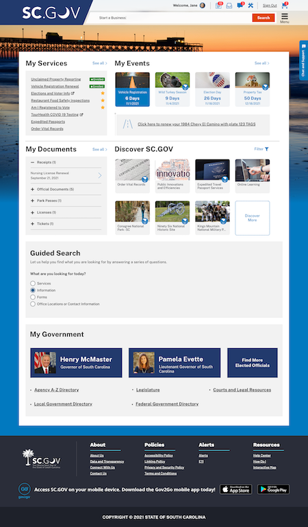 scgov homepage example - logged in