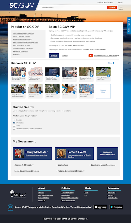 scgov homepage example - logged out